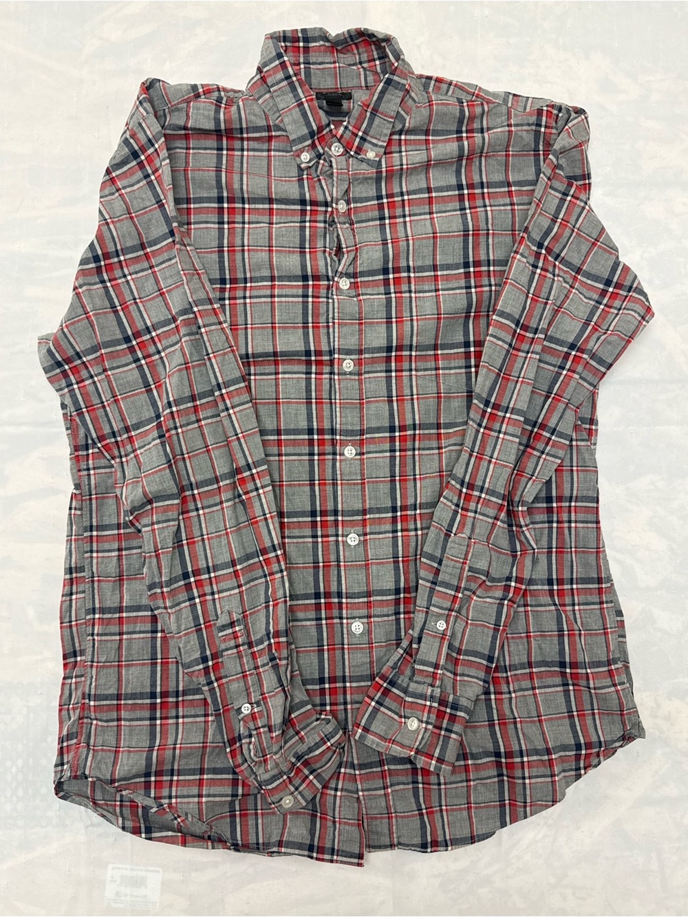 J. Crew Men's Grey and Red Plaid Button-Down Shirt